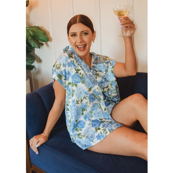 Show Me Your MuMu Tops - Show Me Your Mumu Best Day Button Up Women Medium Blue Floral Satin Boho Cottage